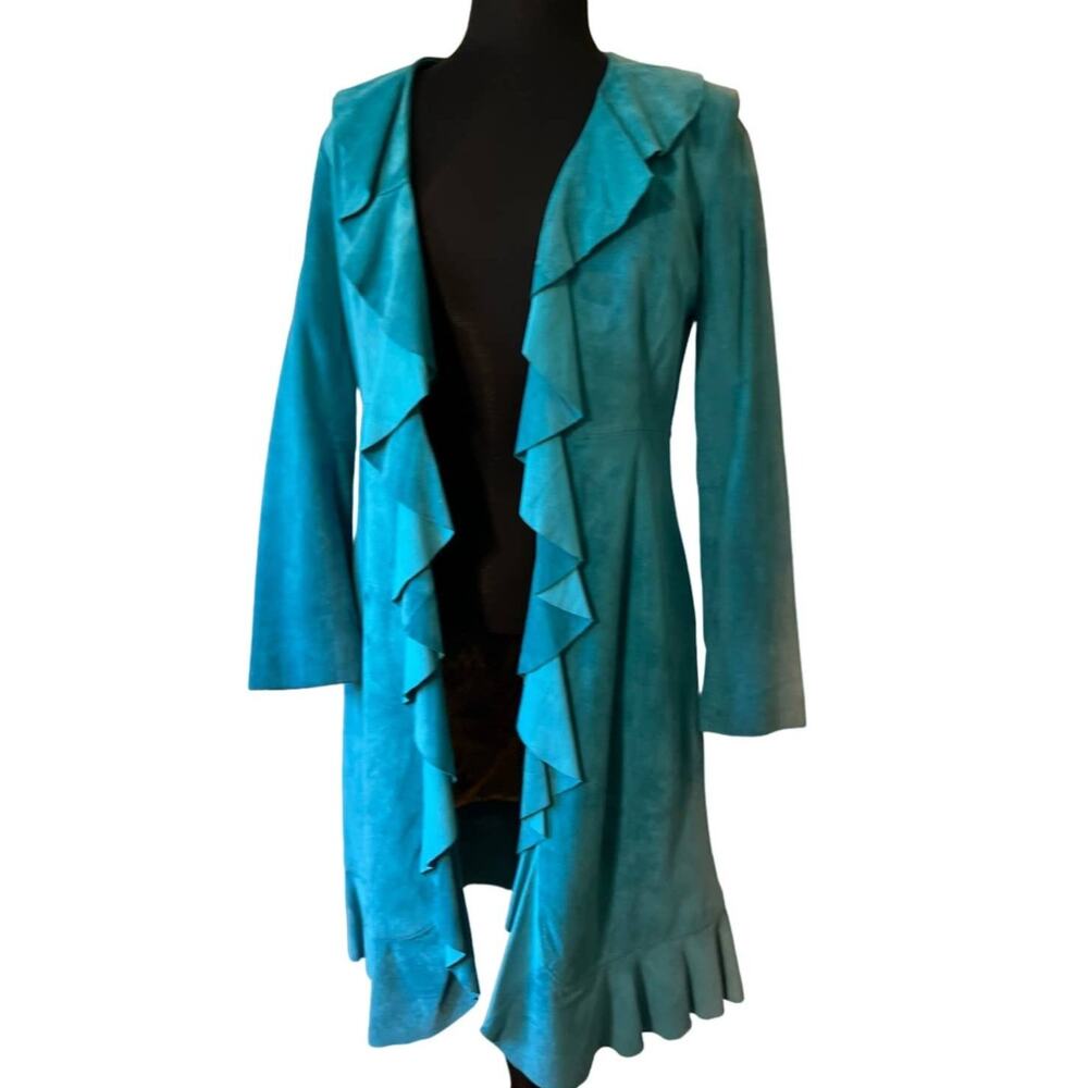 Vintage 90s Scully Turquoise Blue Ruffle Suede Leather Long Jacket size XS Tiger - Picture 2 of 9